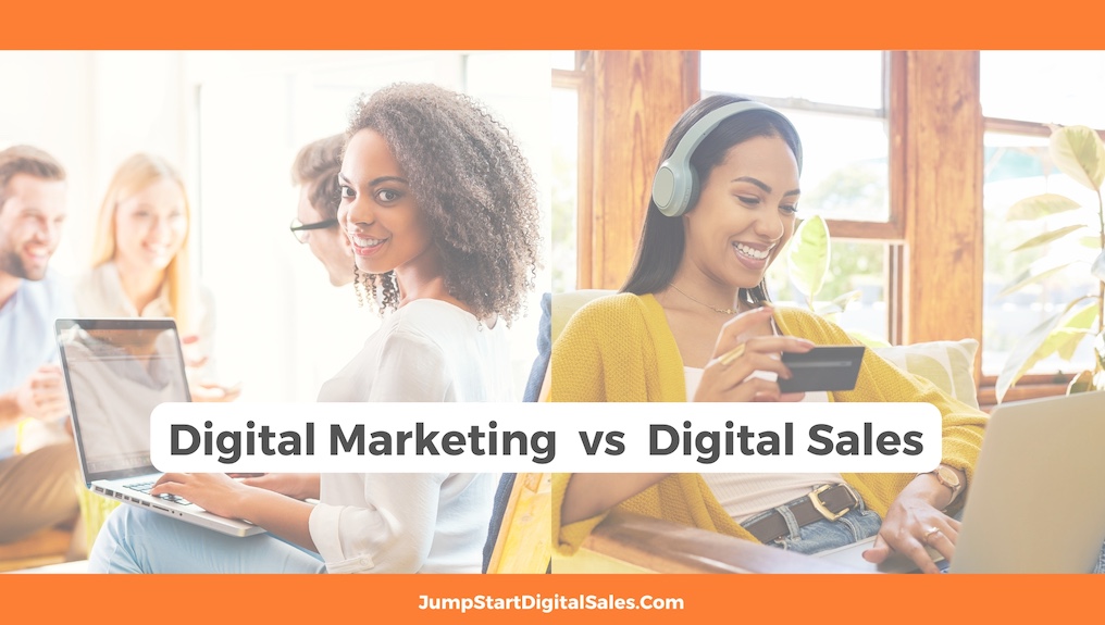 Illustrating Digital Marketing VS Digital Sales with 2 Diverse smiling businesswomen on laptops